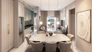 Luxury stone dining table with modern chairs in open-concept interior.