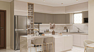Modern kitchen with a marble-accented island and elegant bar stools.
