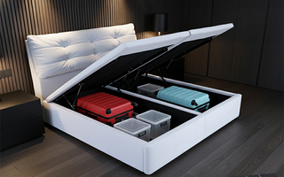 Lift-up storage bed frame reducing clutter in small bedroom.