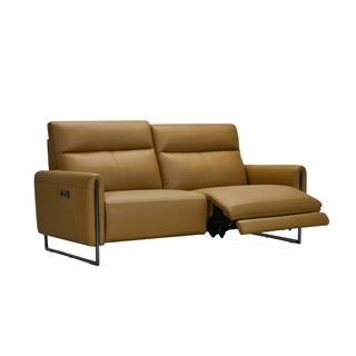 A modern two-seater reclining sofa upholstered in tan leather, shown with one seat cushion extended into a reclined position. The sofa features a slim black metal frame and a small control panel on the outer armrest.