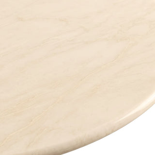 Close-up of a round table top with a light beige marble or stone finish, showing subtle veining and a smooth curved edge against a white background.